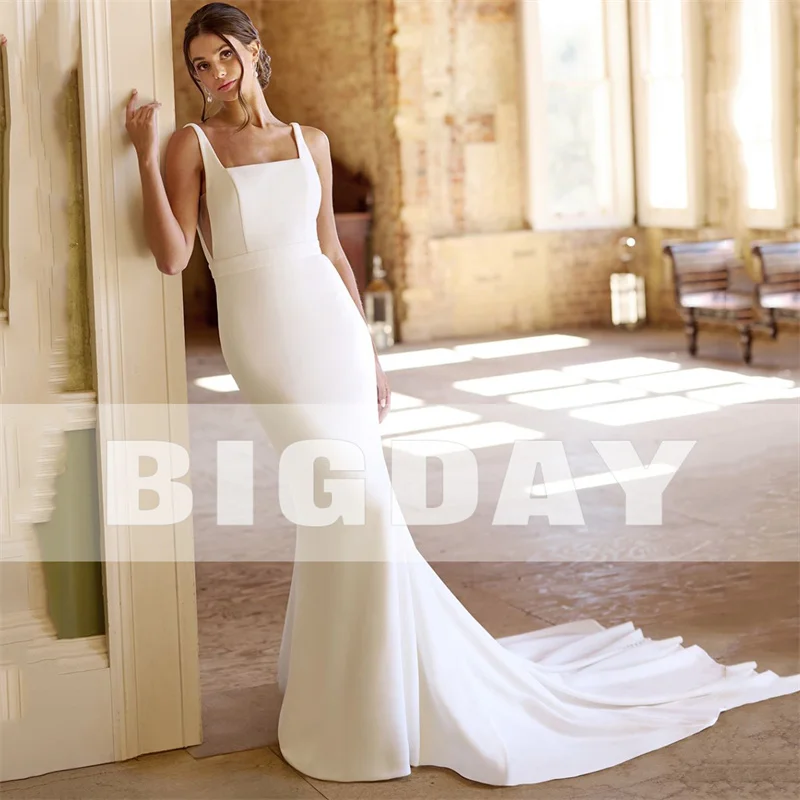 Elegant Mermaid Wedding Dresses Women Open Back Square Collar Spaghetti Straps Satin Bridal Gowns Vestidos De Noiva Customized 3
