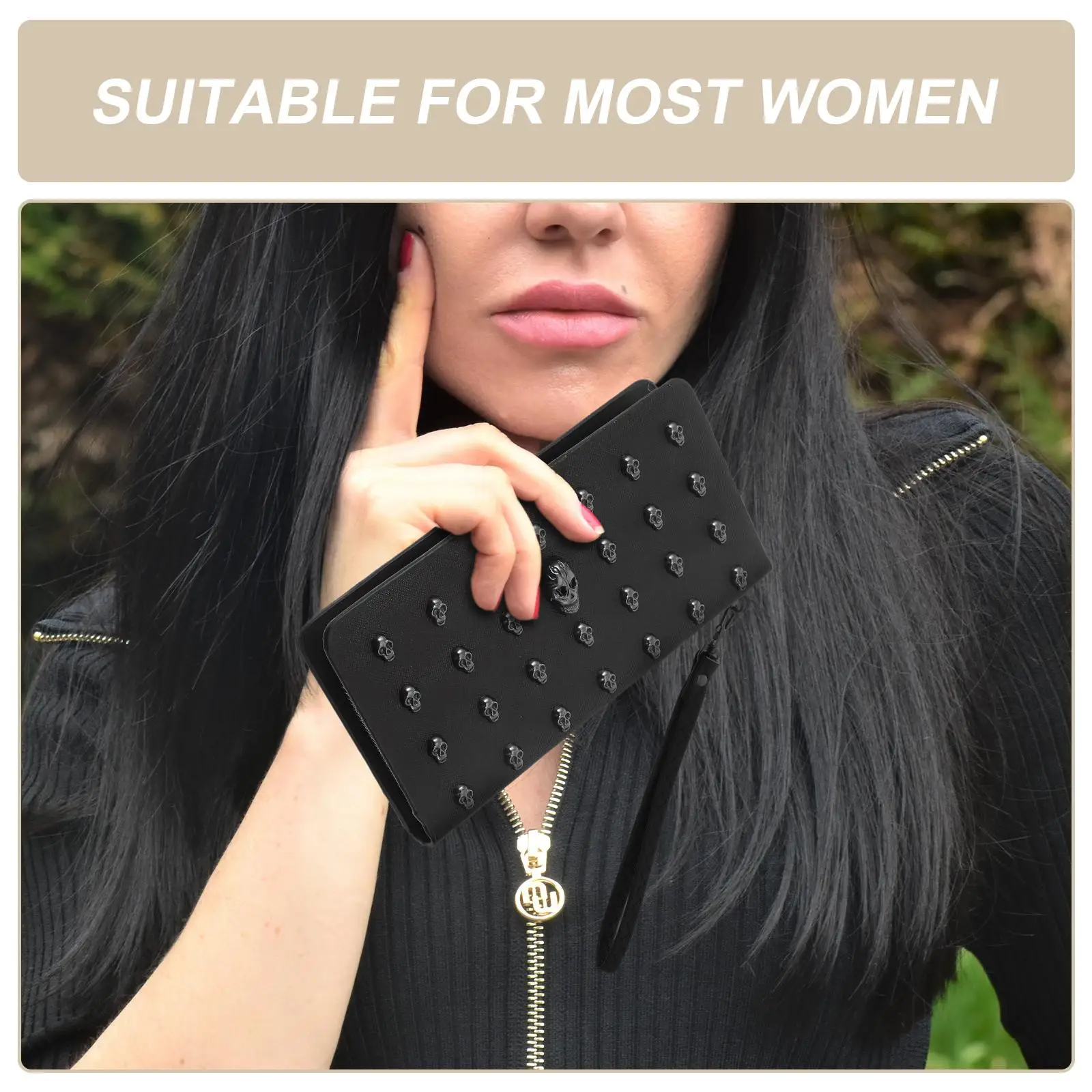 Women's Skull Head Black Handheld Long Wallet, Gothic Credit Card Clip Mobile Wallet, with Wrist Strap Cool Flap Handheld Bag 3