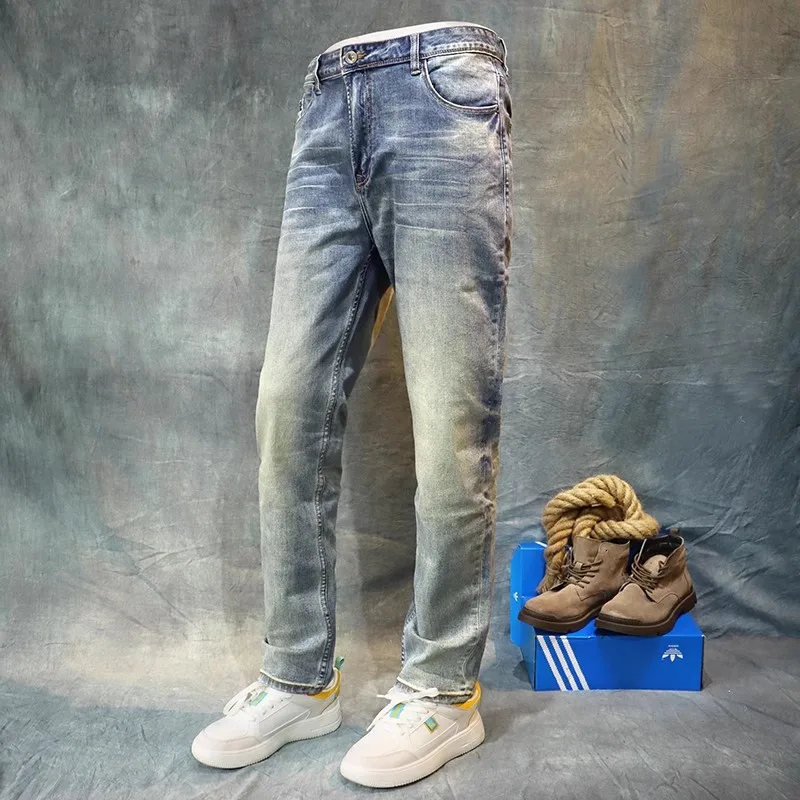 Italian Style Fashion Men Jeans High Quality Retro Blue Stretch Slim Fit Ripped Jeans Men Vintage Designer Casual Denim Pants