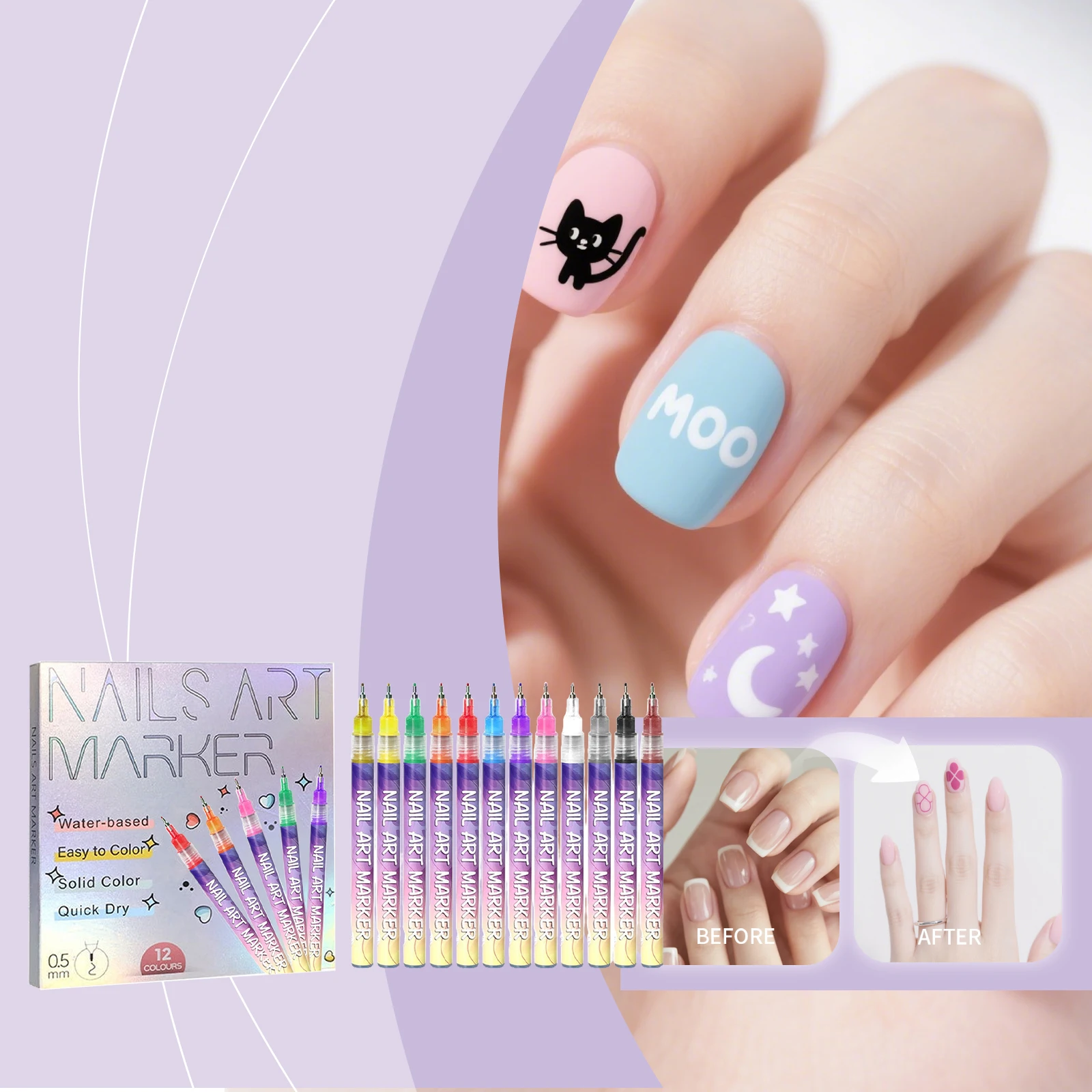 12색 0.5mm 네일 아트 펜 세트 DIY 속건성 그라피티 도트 포인트 라이너 펜 네일 아트 드로잉 도구