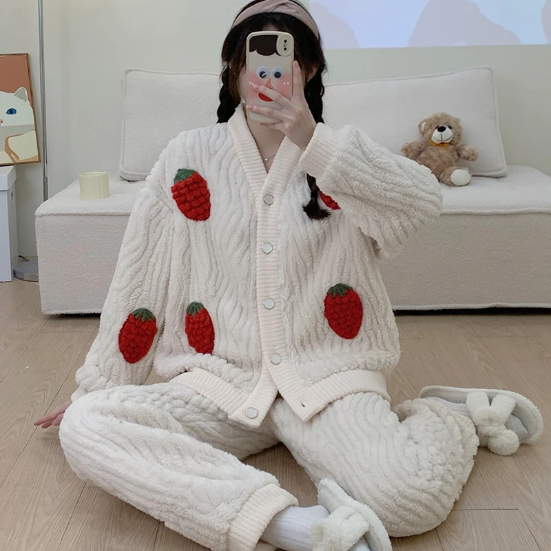 Winter new coral fleece ladies double long cardigan button pajamas fresh flower cut flower flannel thickened warm home clothes