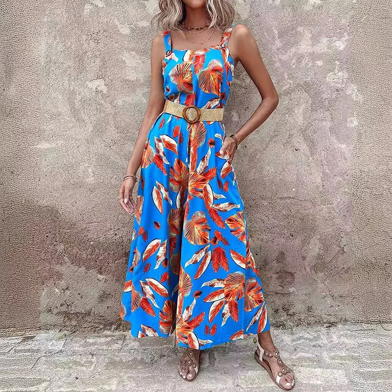 

Printed Spaghetti Strap Jumpsuits for Women Summer Sexy Backless Square Collar with Sashes Fashion Casual Loose Female Jumpsuits