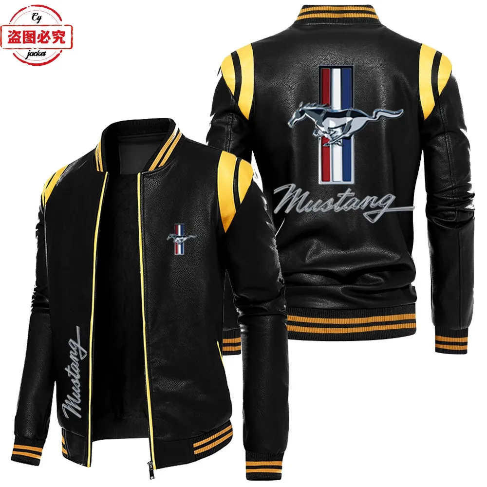 Contrast color leather jacket Ford Mustang car logo retro washed pu leather jacket windproof men's autumn and winter warm velvet 5