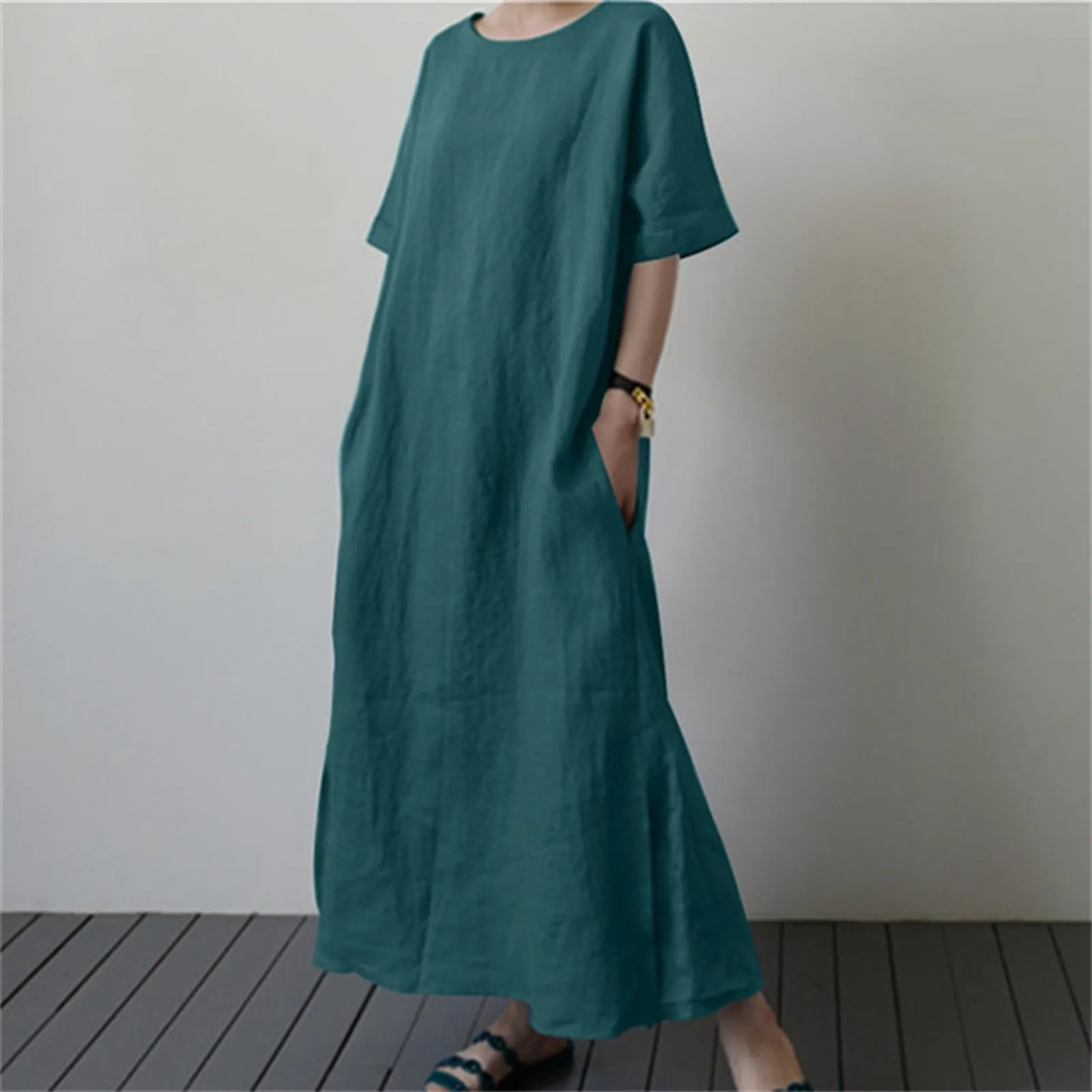 

Casual Solid Chic O-Neck Short Sleeve Loose Pullover Women's Dress Vestidos Robe Simple Casual Oversized Basic Tees Long Dresses