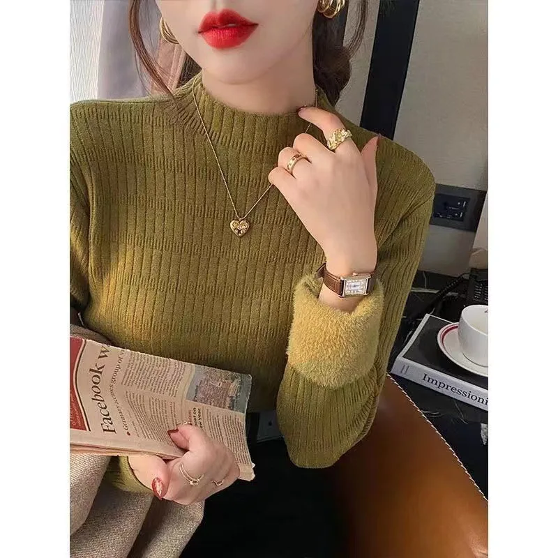 

Autumn and Winter Velvet Padded Sweater Women's Bottoming Shirt Half Turtleneck Thickened Keep Warm Inner Match One-Piece Mink F