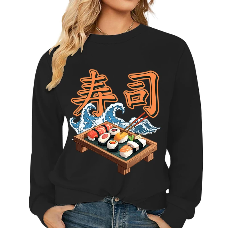 

Fashion Women Sweatshirt Sushi Lover Essential Casual Hoodies Sushi Lovers Women Waves Sushi Cartoon Print Classic Sweatshirts