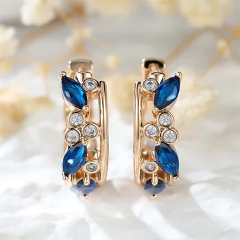 Marquise Stone Blue Crystal White Zircon Hoop Earrings For Women Vintage Gold Color Ear Buckle Wedding Jewelry Versatile Gifts