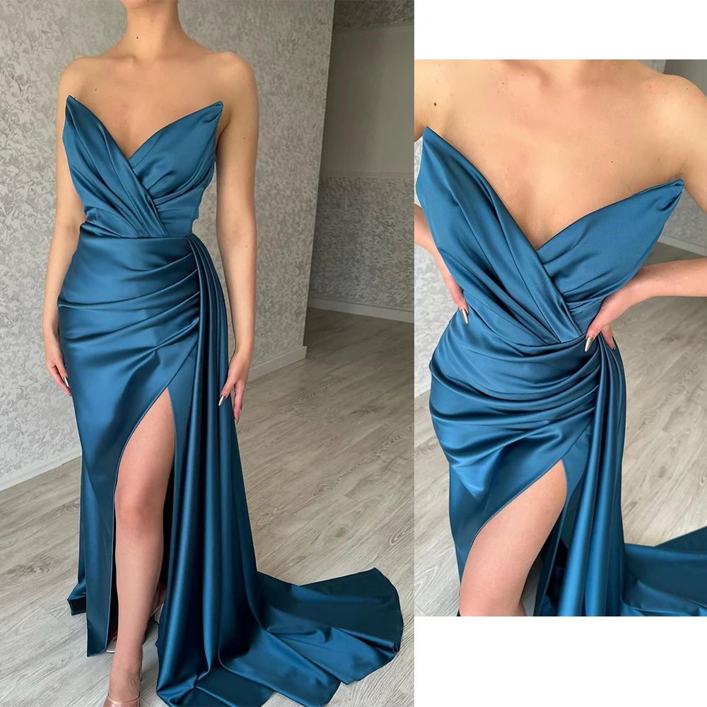 

Charming Pleat Sexy Strapless Prom Gown Backless Court Train Vintage Evening Dress Solid Color Formal Party Vestidos