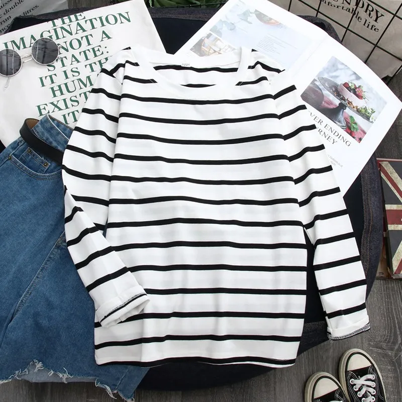 Spring T-Shirt Women Korean Clothes White Long Sleeve Hot Sale Casual Striped Harajuku Regular Ulzzang Students Ins Mature 6