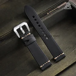 Vintage Crazy Horse Oil Wax Leather Watch Strap with Pin Buckle - Universal Men's Accessory - 22mm (Black - Silver)