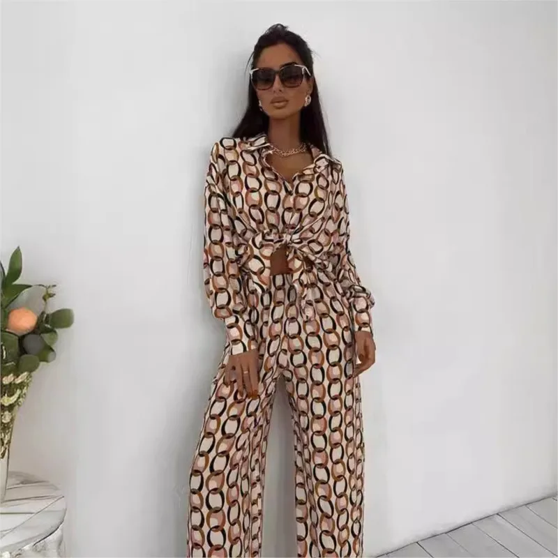 Printed Shirt Pants Suit Women's Loose Lapel Single-button Top Suit 2024 Spring New Women's Casual Shirt Suit