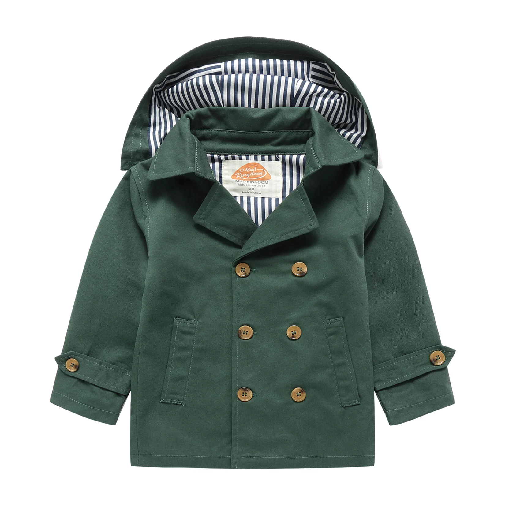 Mudkingdom Little Boys Hooded Trench Coats Fashion Double Breasted Solid Mid-length Long Sleeve Kids Windbreaker Spring Autumn