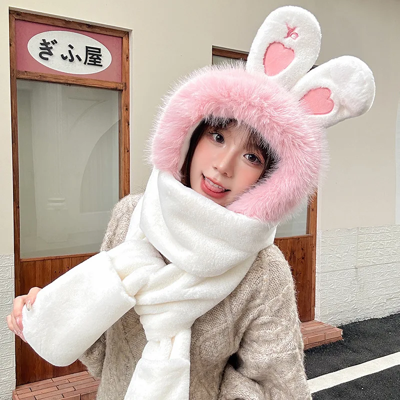 

Women Integrated Hat Scarf Gloves One-Piece Cute Kawaii Female Three-In-One Scaf Autumn Winter Plus Velvet Keep Warm Girl Hats