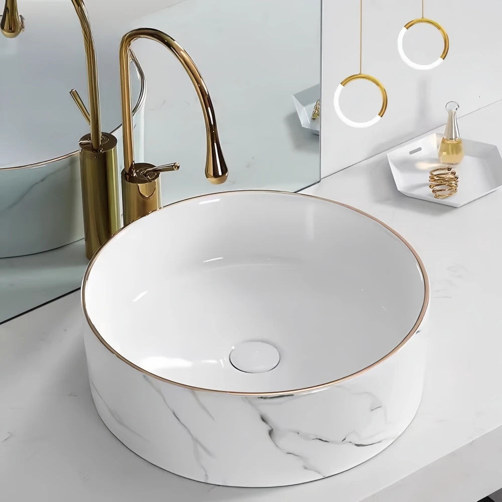 Marble patterned modern circular ceramic bathroom sink, freestanding washbasin, luxurious gold edged washbasin(excluding faucet) 5