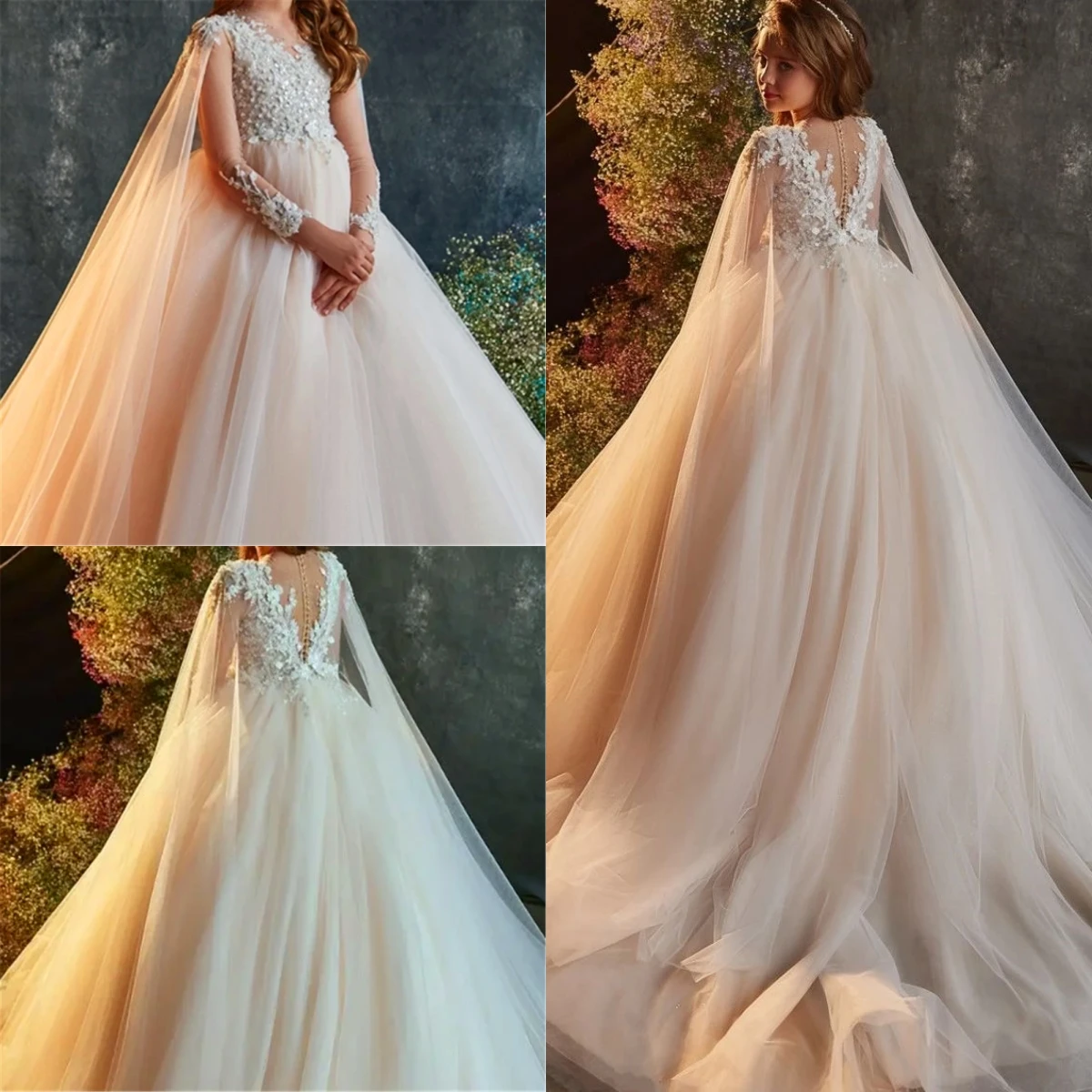 Elegant White Flower Girl Dress Tulle Fluffy First Communion Gowns Lace Printing Princess Wedding Party Ball Kids Birthday Gowns 1