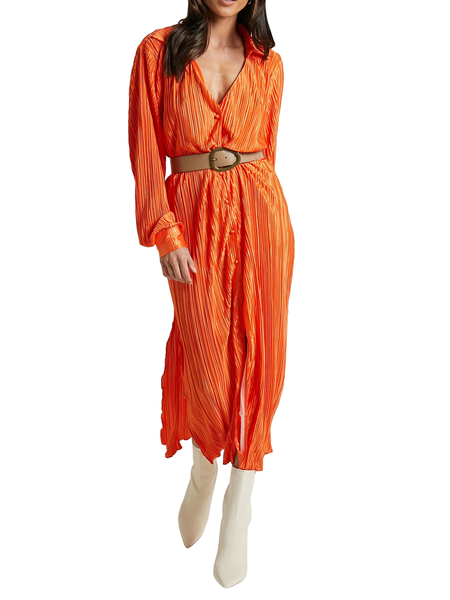 

Women Long Sleeve Pleated Shirt Dress Button Down V Neck Solid Color High Split Long Dress Streetwear Orange Medium
