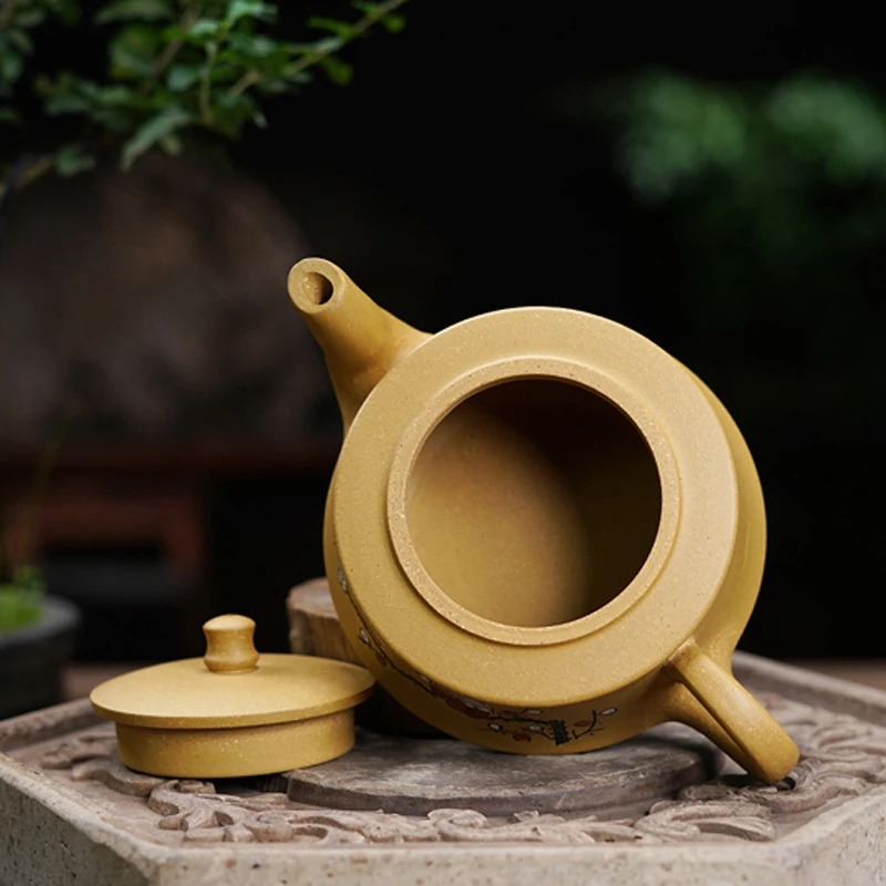 Zisha Segment Mud Flat Xishi Teapot, Clay Plum Blossom Pattern, Handmade Kongfu Tea Pots, New Chinese Mud Ball Hole, 225 cc, 1Pc