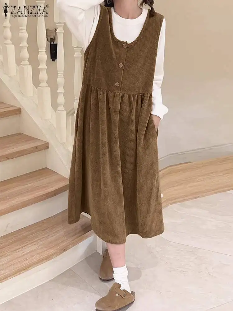 

ZANZEA 2024 Sleeveless Corduroy Dress Midi Jumper Dresses Women Solid Casual Buttons Long Sundress Fashion Pleating Loose Robes