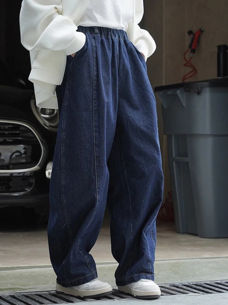 [LANMREM] Elastic High Waist Jeans For Women Straight Loose Wide Leg Pants Fashion Streetwear Trousers 2024 Spring New 26D4417