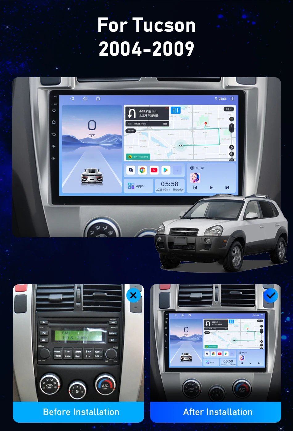 Srnubi Android14 Autoradio für Hyundai Tucson 2004-2013 Multimedia-Player 2Din Carplay Android Auto Intelligentes System GPS Audio – Detail 3
