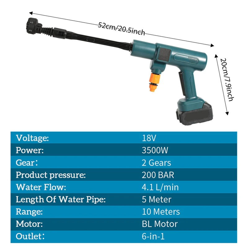 200 Bar bürstenloser elektrischer Hochdruckreiniger 3500 W 6-in-1 Autowasch-Gartenwasserpistole für Makita 18 V Batteriespritzpistole – Detail 10