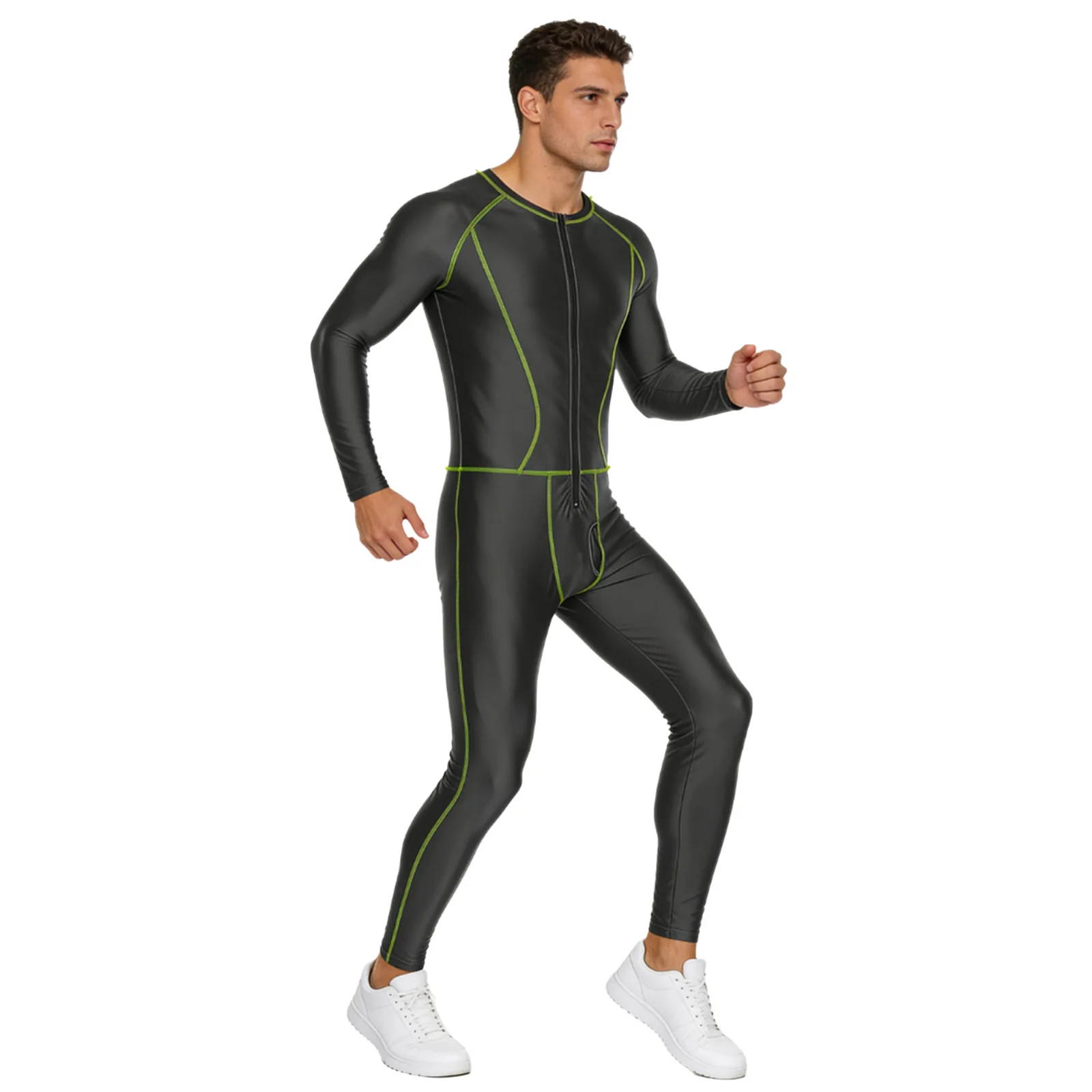 Herren-Erwachsene, ölglänzend, schmal, voller Overall, Badeanzug, äußere flache Nähte, Reißverschluss vorne, lange Hosen, Kompressionsspielanzug, Bodysuit, Badebekleidung – Detail 5