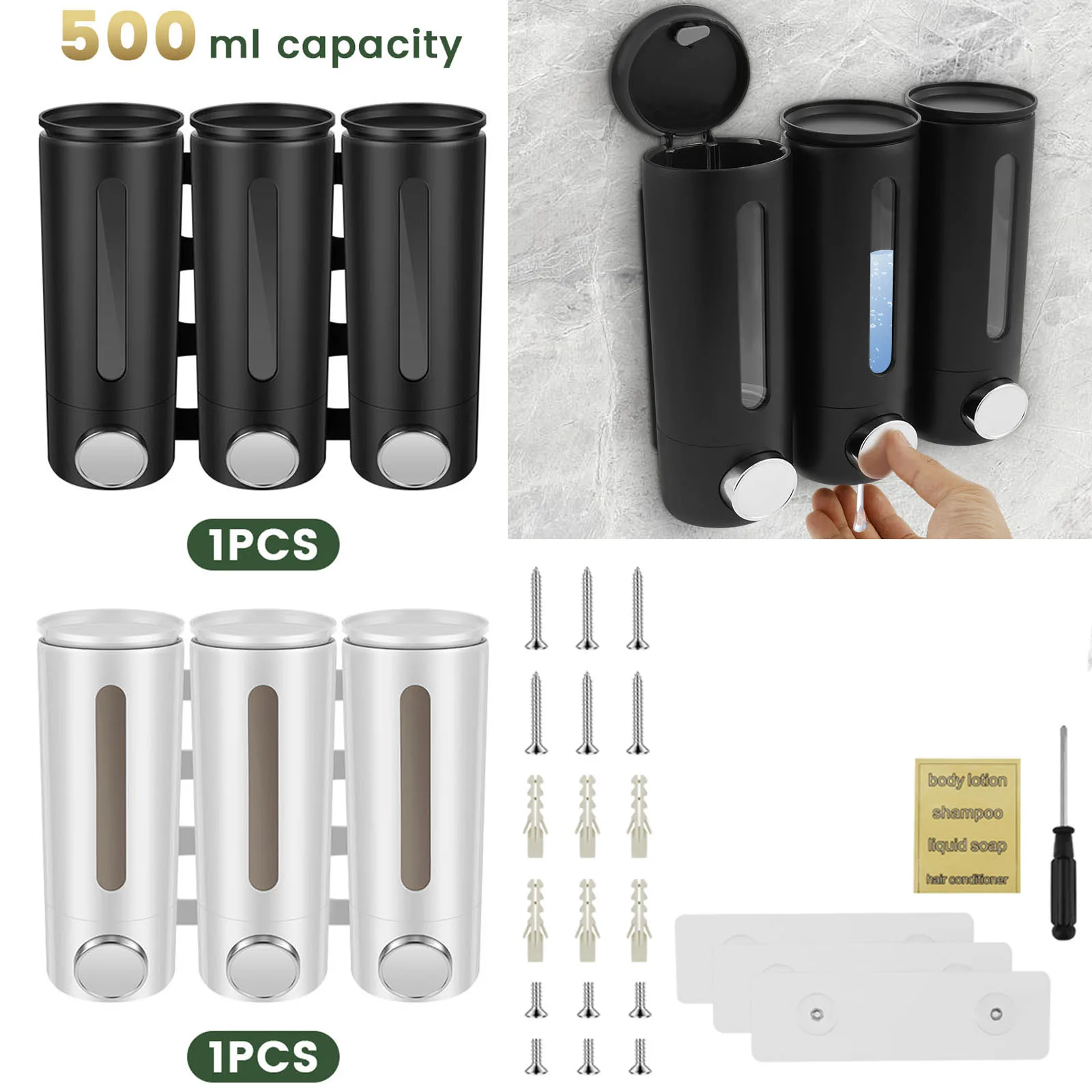 500ml ติดผนังห้องน้ําเครื่องจ่ายสบู่เหลวสามหัวเครื่องจ่ายสบู่เหลวพร้อมหน้าต่างที่ชัดเจนสําหรับ Home Hotel SPA ใช้ 1