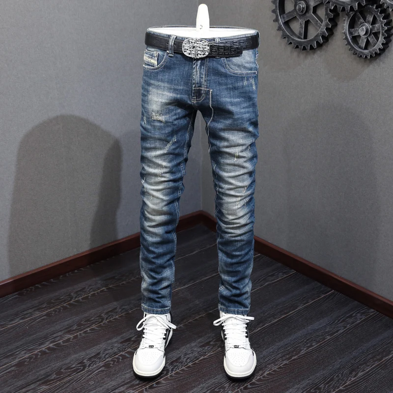 Italian Style Fashion Men Jeans Retro Blue Elastic Slim Fit Ripped Jeans Men High Quality Vintage Designer Denim Pants Hombre