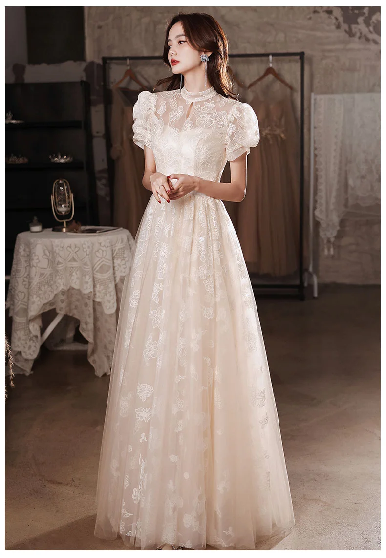 Elegant Lace Evening Dresses For Wedding Party Vintage High Neck A-Line Floor-Length Backless Long Formal Gowns dinner dresses for ladies