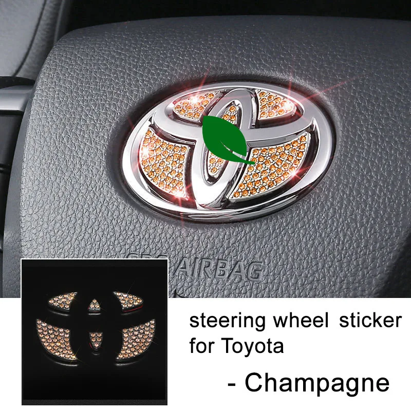 (Champagne) Car Bling Steering Wheel Logo Decal Sticker Interior Accessories Diamond Metal Emblem Fit for VW BMW MINI FORD