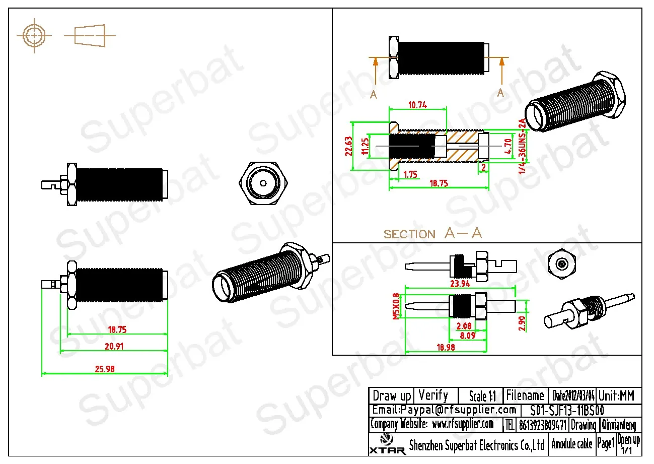 50ohm SMA Female Crimp RF Coaxial Connector for 1.37mm Cable
