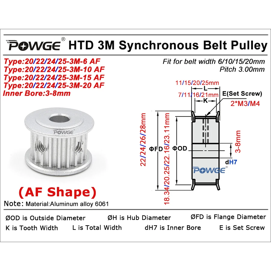 20 22 24 25 teeth HTD 3M Timing Pulley AF Bore 4/5/6/6.35/7/8/10/12mm for HTD3M belt width 6/10/15/20mm 20T 22T 24T 25T timing belt pulley,timing pulley