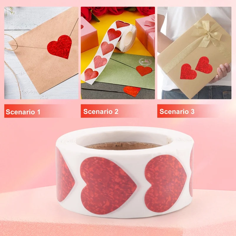 【CLEARANCE】Valentine's Day Glitter Heart Stickers,Red Heart Stickers Roll,Heart Labels For Anniversaries Wedding(500Pcs/Roll)