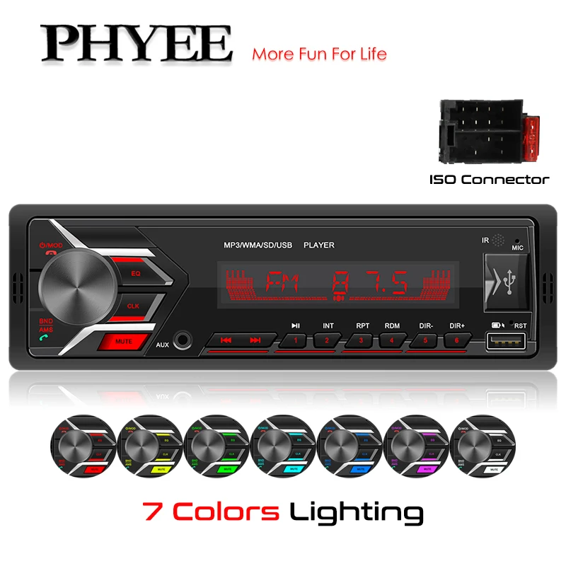 1 Din Car Radio Bluetooth USB MP3 Player HandsFree Stereo A2DP Music Charging TF Aux Audio Record 7 Color Lighting Head Unit 503