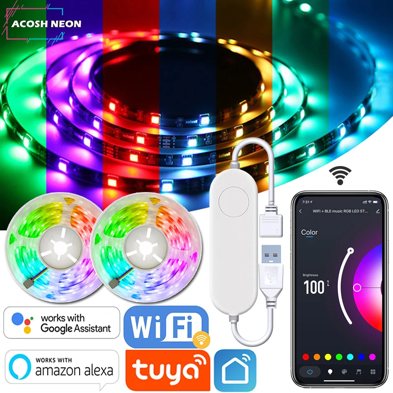 

TUYA LED Strip Lights With Remote 5V 5M/16.4ft USB RGB LED Smart Wifi Flexible Tape Lights work with Alexa Google Assistant