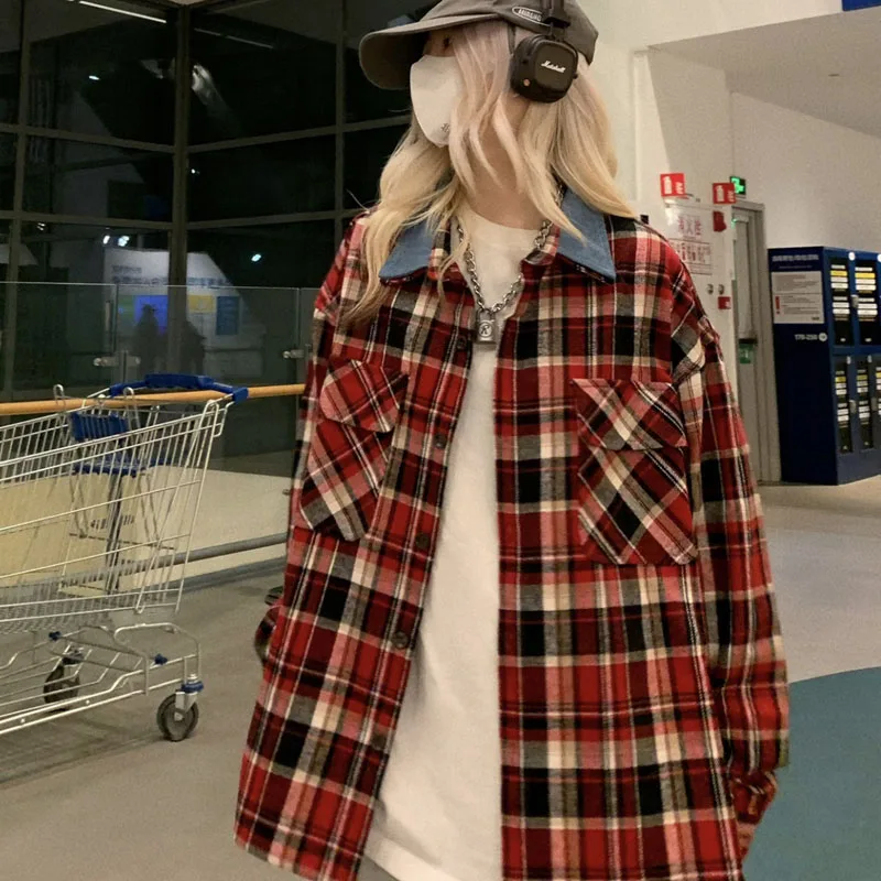 

Deeptown Vintage Plaid Blouses Oversized Shirt Streetwear Korean Style Women and Men Long Sleeve Tops Casual Patchwork Clothes