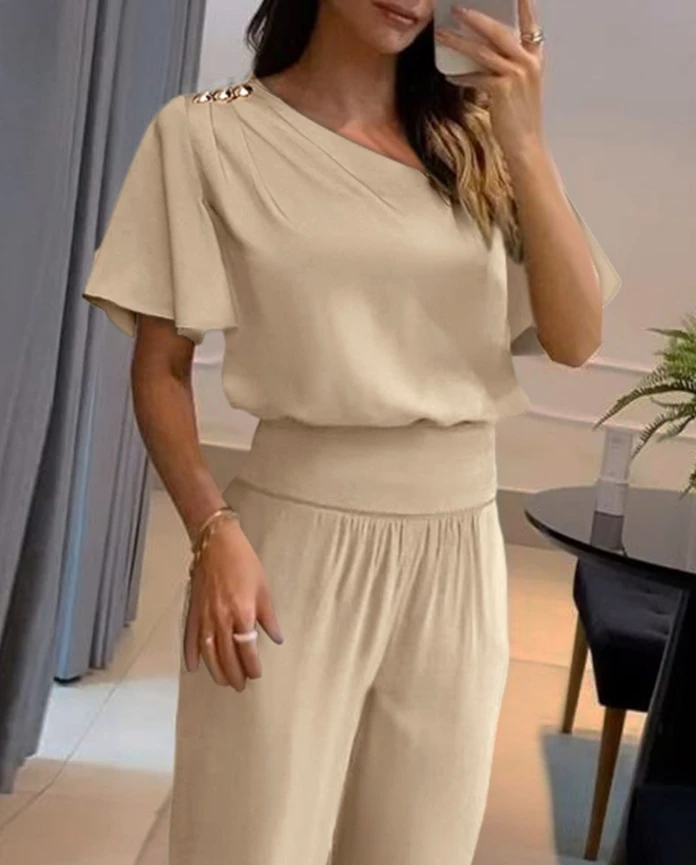 Two Piece Set Women Outfit 2024 Summer Fashion Bell Sleeve Ruched Short Sleeve Top & Casual Daily High Waist Cuffed Pants Set