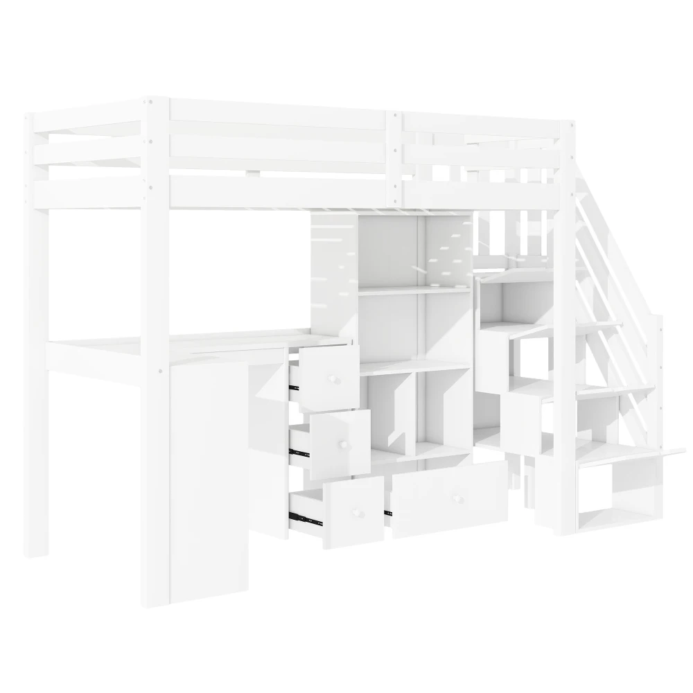 Hochbett, 90 x 200 cm, ohne Matratze, Schreibtisch, Schubladen, Balkon, offener Aufbewahrungsschrank, verstellbare Rolltreppen, EN 747-zertifiziert – Detail 14