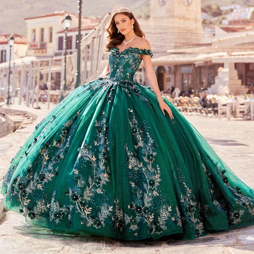 

Sparkly Green Princess Quinceanera Dresses Ball Gown Off The Shoulder Appliques Lace Sweet 16 Dresses 15 Años Mexican