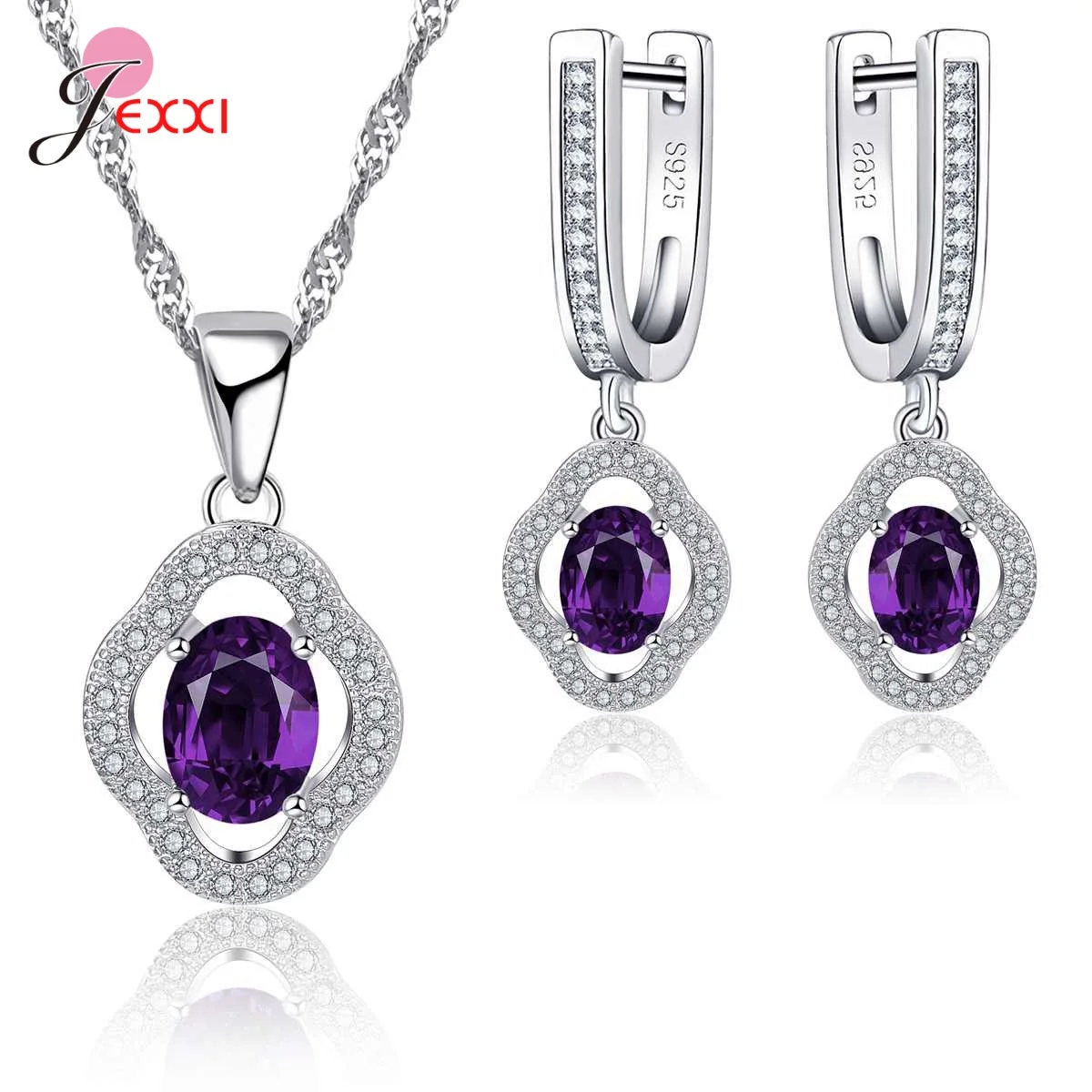 925 Sterling Silver Jewelry Set Crystal Rhinestone Flower Pendant Necklace Earring Sets