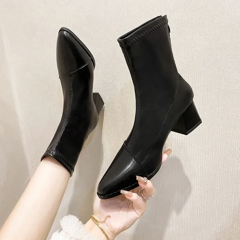 

Ankle Boots for Women's Thick Heel Spring Summer Autumn Single Boots 2023 New Pointed High Heels Shoes Mid-heel Fashion