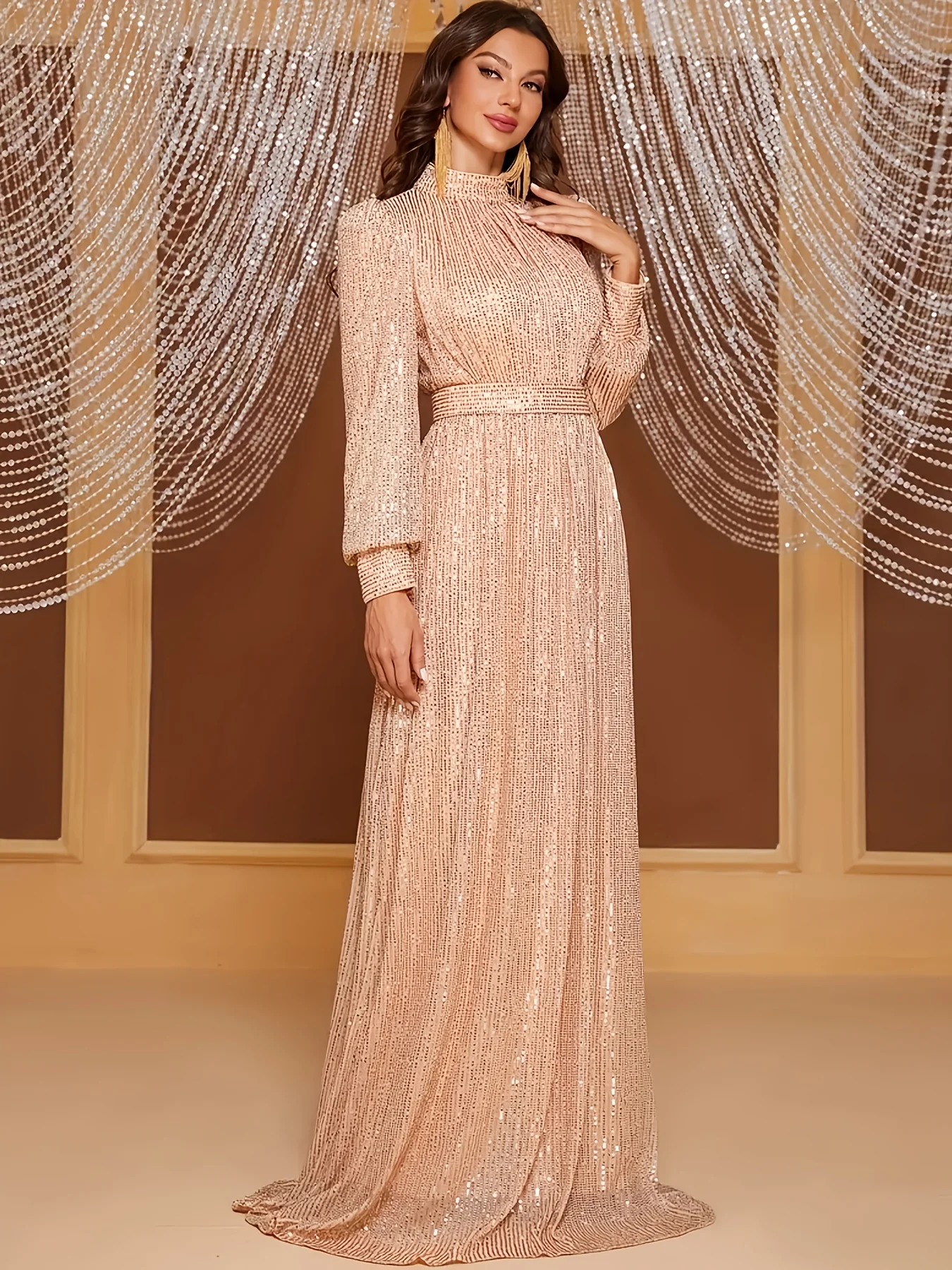 Elegante abito lungo retrò a maniche lunghe da donna: perfetto per eventi serali, matrimoni e feste - immagine 5