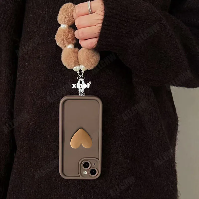 3D Love Heart Plush Chain Phone Case Cover