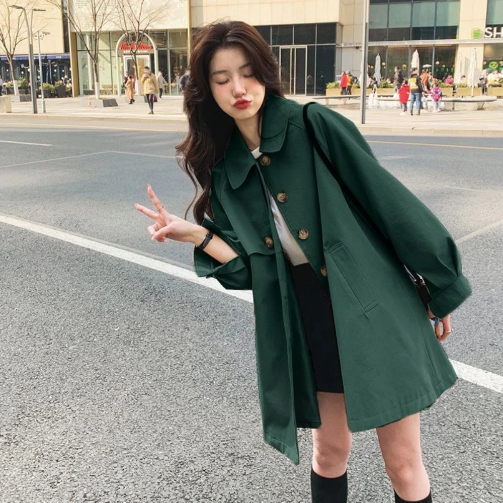 

Spring Autum Thin Women Double Breasted Full Lantern Sleeves Turn-down Collar Solid Mid-Length Trench Oversized 3XL Korean Slim