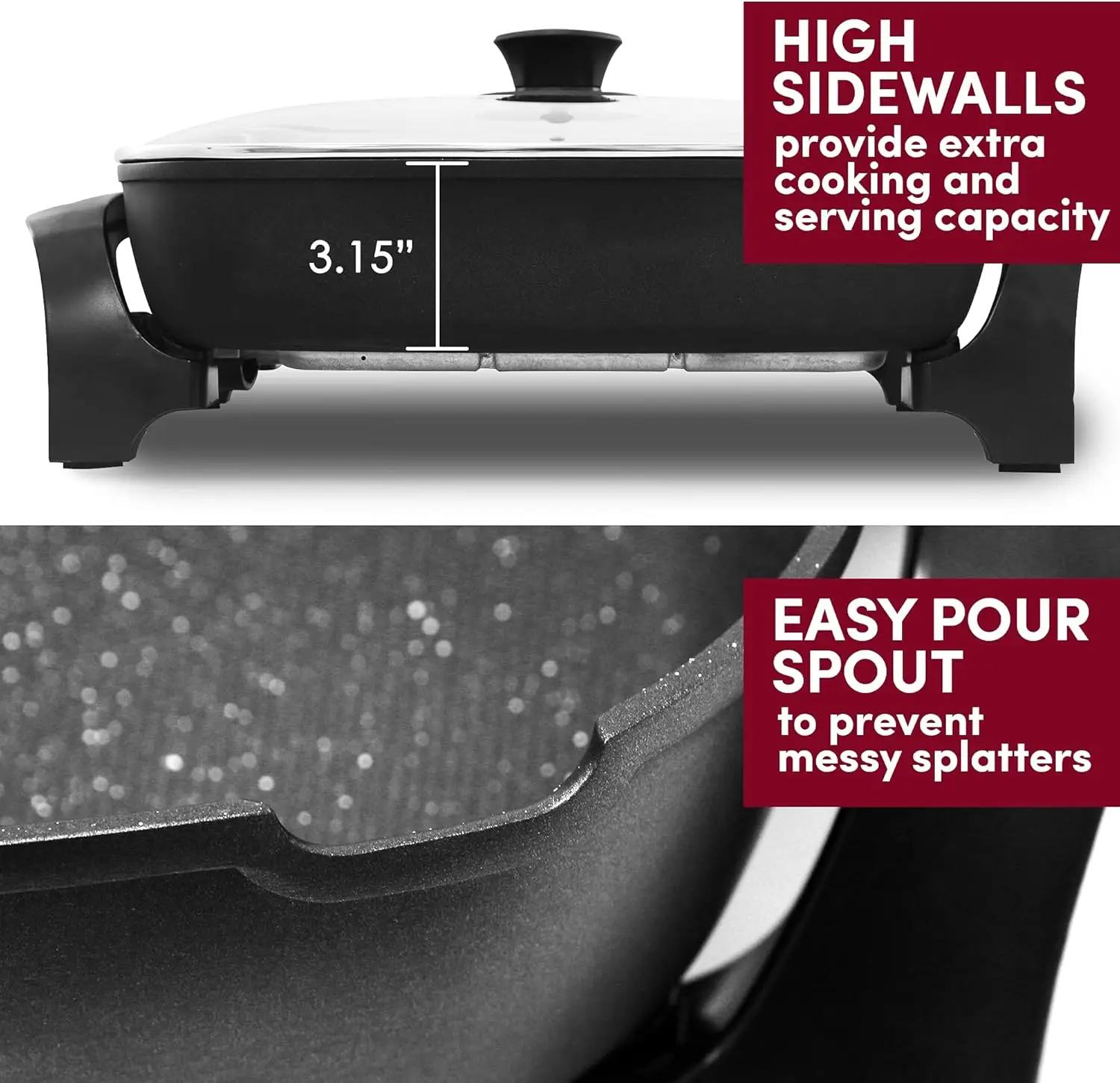 Gourmet EG6203 Extra Deep 16"x13"x3.2" (10.5Qt.), Pour Spout, Dishwasher Safe, Marbled Non-stick Electric Skillet with Ven 6