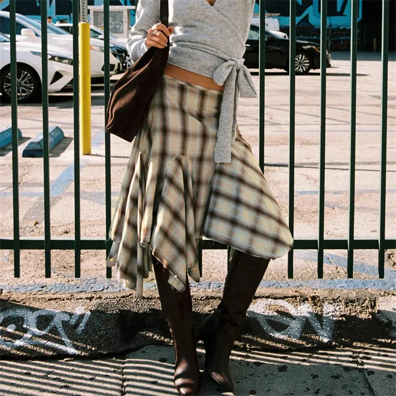 Women Plaid Skirt Y2K Vintage Irregular Loose Summer Midi Skirt for Casual Daily High Street Retro Aesthetic Streetwear 1