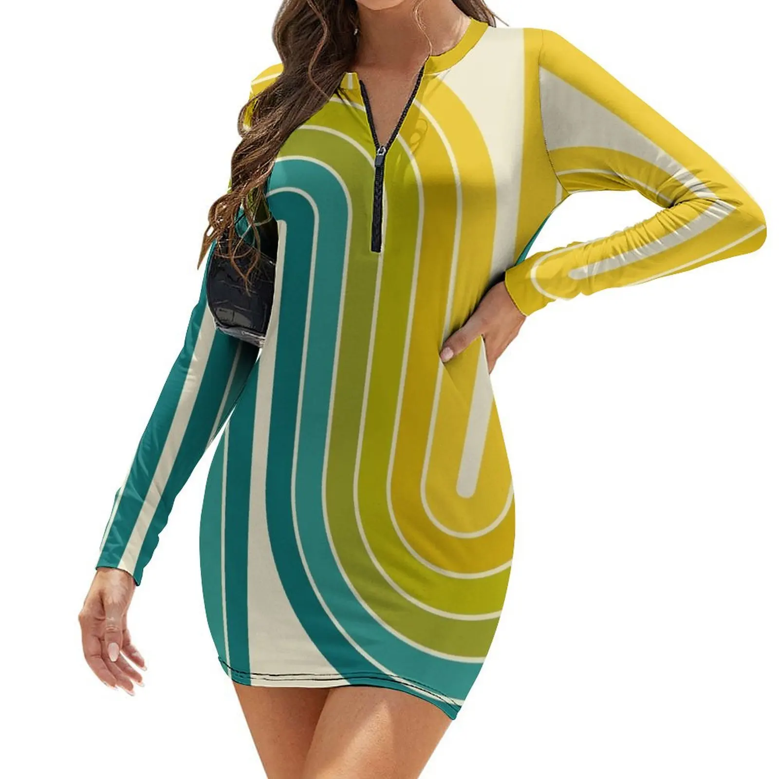 

Retro Geometric Double Arch Design 579 Long-Sleeve Bodycon Dress summer dress korean women Clothing female dress for women