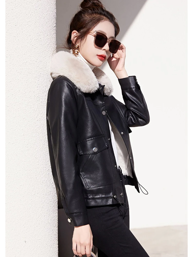 New Women Leather Jacket Autumn Winter Casual Fashion Fur Collar Plus Velvet Lining Thicken Leather Coat Loose Warm Outerw