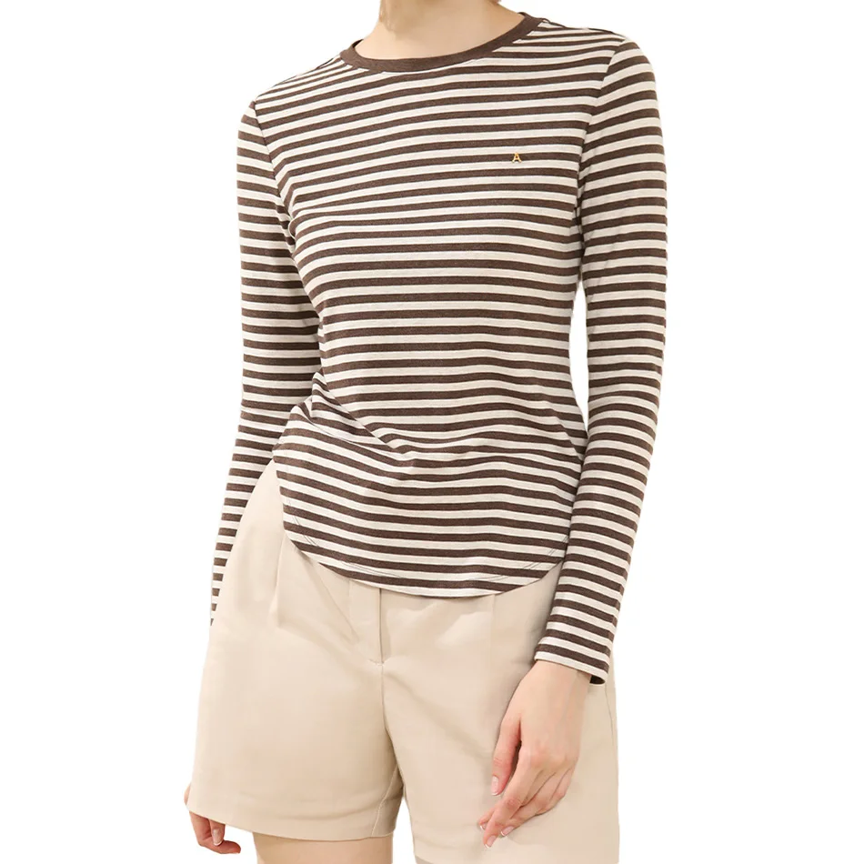 

Marine Striped Tops Tees Rounded Hem Long Sleeve Crew Neck T Shirt Women Basic Tops