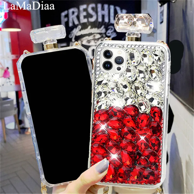 Luxury Bling Crystal Diamond Chain Phone Case, Perfume Bottle Lanyard, Case for iPhone 15, 14, 11, 12, 13 Pro, XR, XS MAX